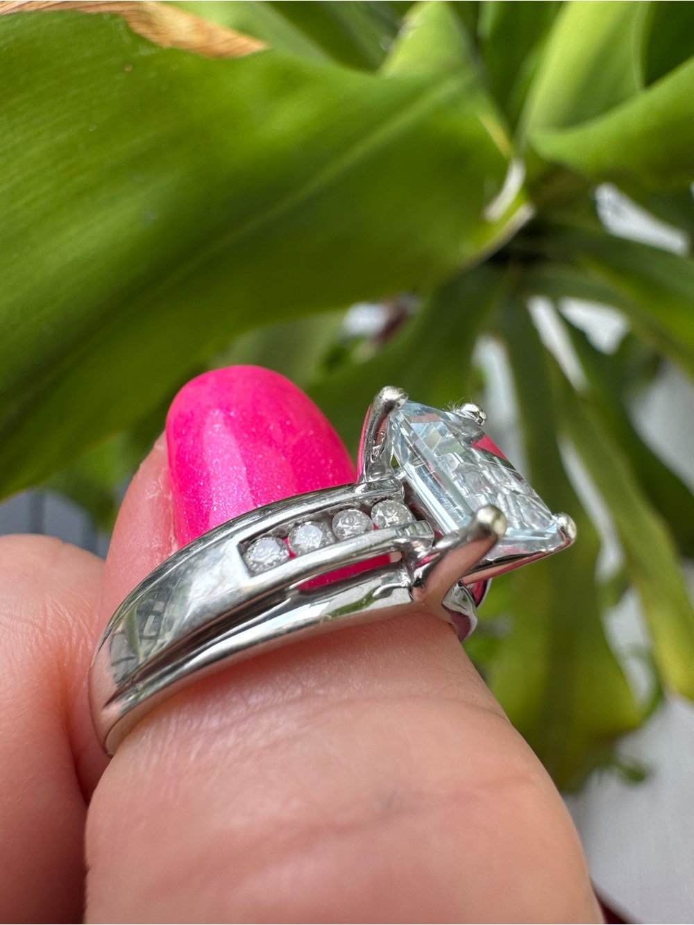 14K White Gold Emerald Cut Clear Gemstone Ring with Accent Stones